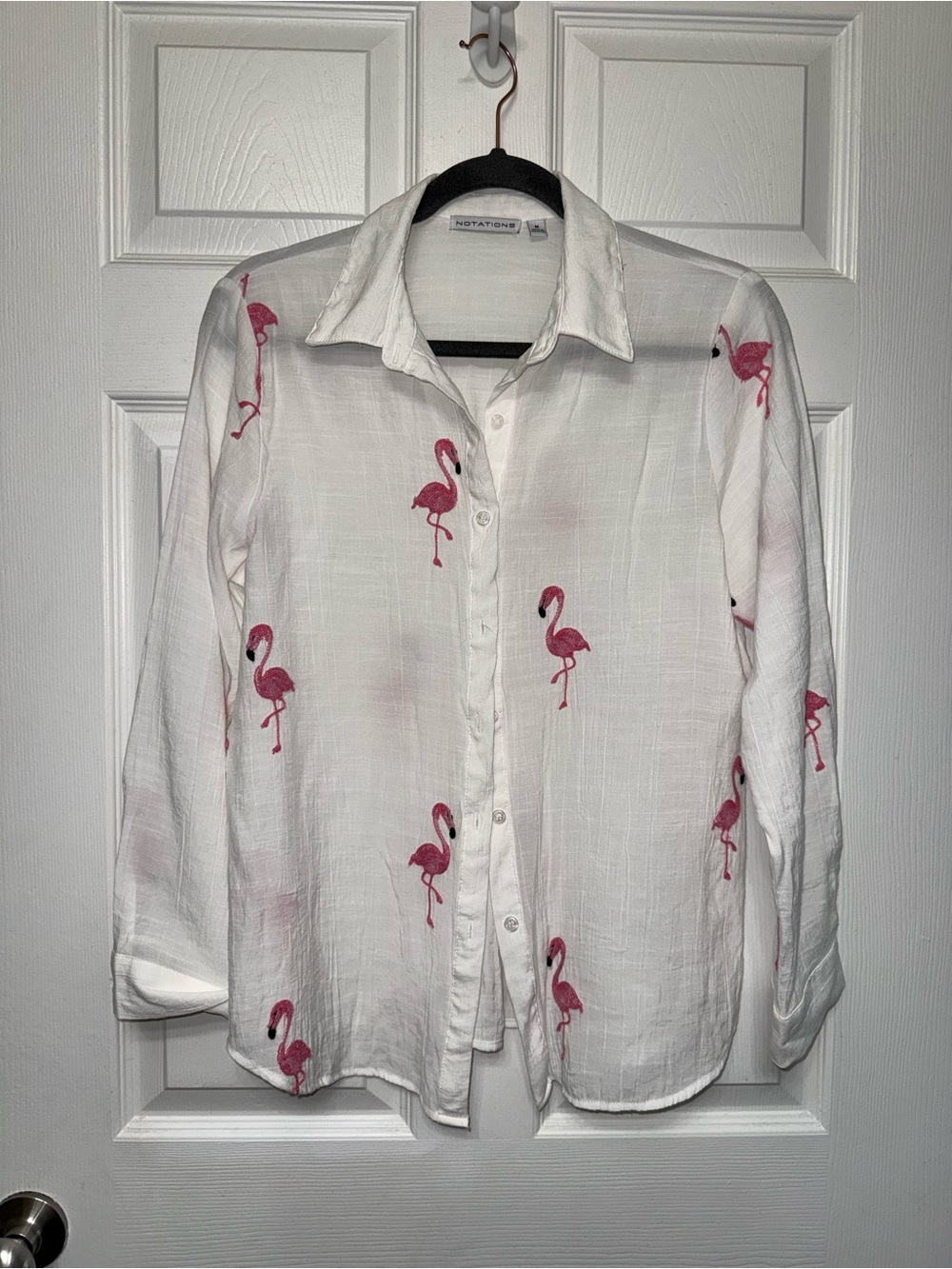 Notations White Button-Down Shirt with Pink Flamingo Pattern